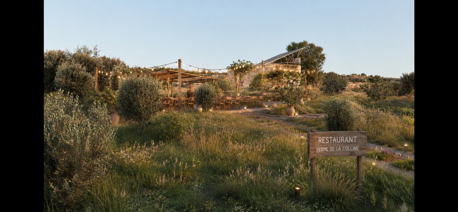 Restaurant de ferme au cœur des oliviers et des terres agricoles